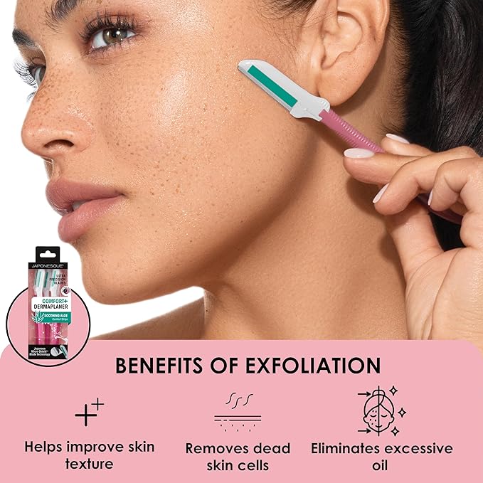 Japonesque Dermaplaner with Soothing Aloe Comfort Strip - Facial Dermaplane Razor, Skin Tool with Ultra Precision Blade for Facial Hair Removal and Exfoliation, 5pk