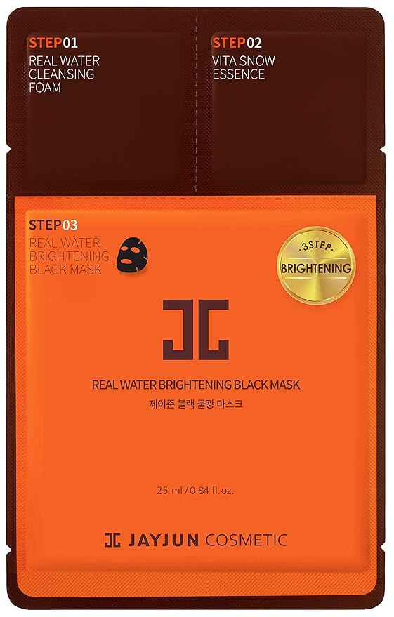 JAYJUN Real Water Brightening Black Mask, Pack of 10 Sheets, 25ml, 0.84 fl. oz., Brightening, Hydrating, Sheet Mask, 3 Step