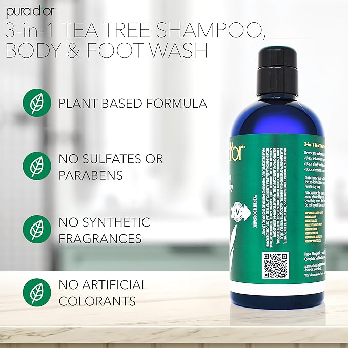 PURA D'OR 3-in-1 Tea Tree Shampoo, Body & Foot Wash, Shampoo (16oz x3 = 48oz) Total Body Care - Foot Odor & Daily Hygiene, Cleansing Routine, Post-Workout Refreshment - Soothes, Invigorates, Nourishes