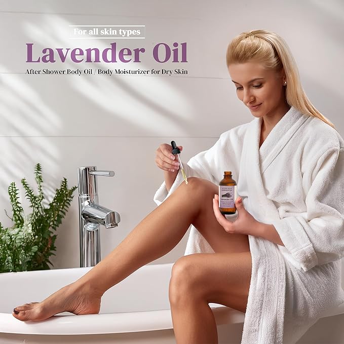Lavender After-Shower Moisturizing Body Oil with Fractionated Coconut Oil, Vitamin E, Radiant Looking Glow and Skin Hydration, Instant Absorption, Body, After-Shower oil, 4 Ounces