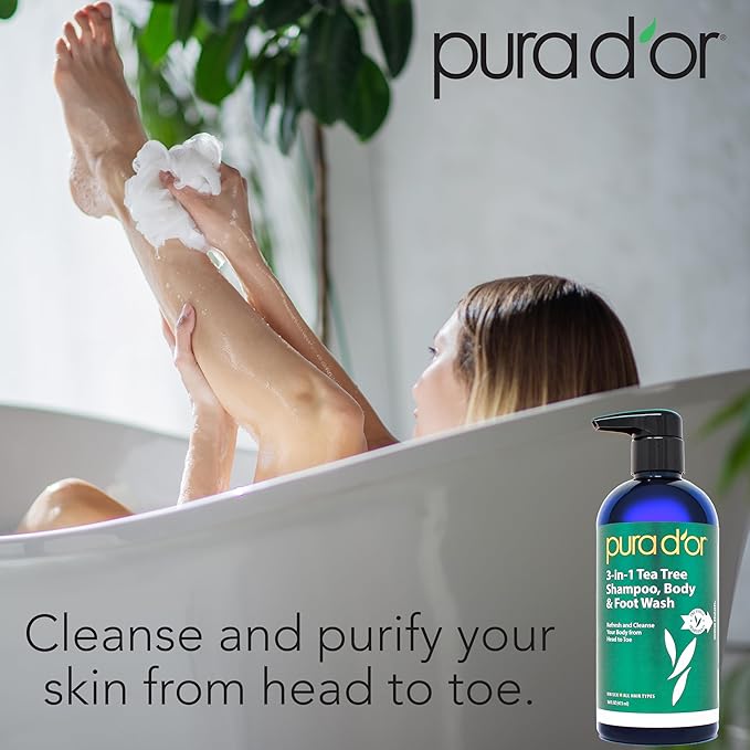PURA D'OR 3-in-1 Tea Tree Shampoo, Body & Foot Wash, Shampoo (16oz x2 = 32oz) Total Body Care - Foot Odor & Daily Hygiene, Cleansing Routine, Post-Workout Refreshment - Soothes, Invigorates, Nourishes