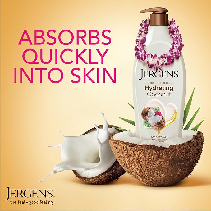 Jergens Hydrating Coconut Body Lotion, Hand and Body Moisturizer Hydrates Dry Skin Instantly, Infused with Coconut Oil, Dermatologist Tested, 16.8 oz