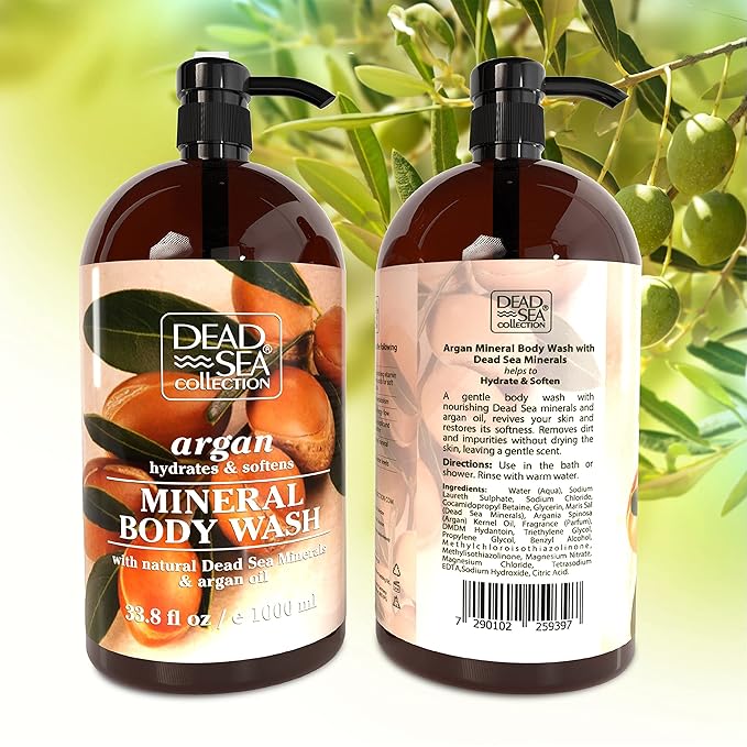 Dead Sea Collection Argan Body Wash for Women and Men - with Pure Dead Sea Minerals and Argan Oil - Cleanses and Moisturizes Skin - Pack of 2 (67.6 fl. oz)