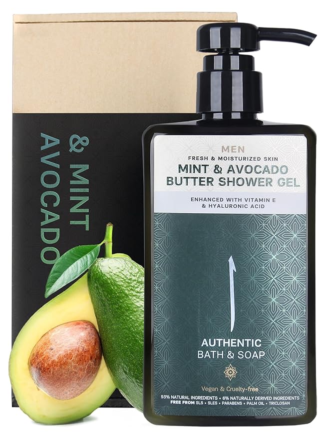 AUTHENTIC BATH & SOAP Sensitive Skin Body Wash – Organic Mint Essential Oil & Avocado Butter – Hydrating Shower Gel with Vitamin E & Hyaluronic Acid – SLS Free, Moisturizing & Refreshing, 16.9 Fl Oz