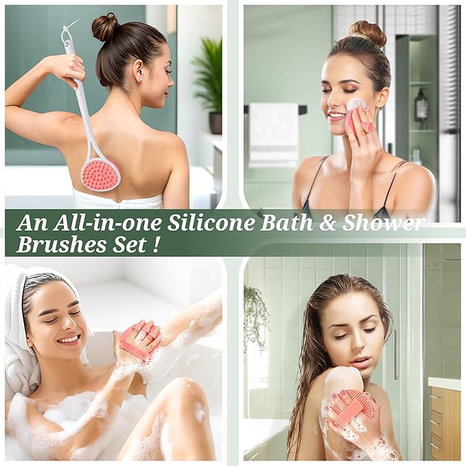 Silicone Back & Body & Face Scrubbers Set 4PCS, 15.35’’ Soft Back Scrubber for Dual-Side Usage, Easy-to-Hold Bath Glove Body Scrubber Face Scrubber for Good Foaming & Deep Cleaning(Pink)
