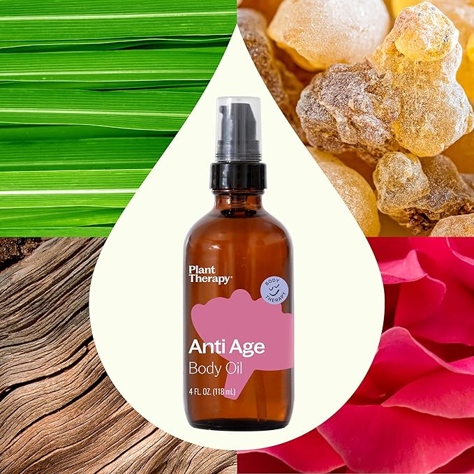 Plant Therapy Anti Age Body Oil 4 oz Locks in Moisture for Supple, Radiant Looking Skin, Helps Reduce the Appearance of Fine Lines, Made with Frankincense, Sandalwood, & Rose Oil