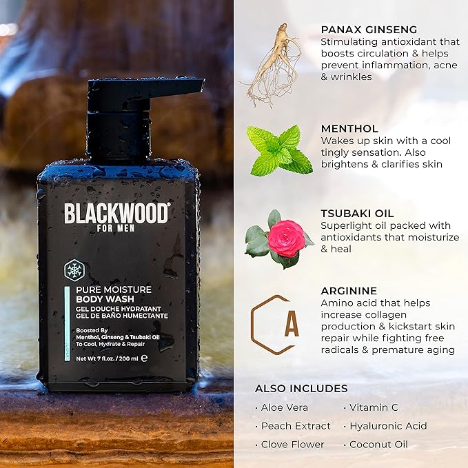 Blackwood For Men Pure Moisture Body Wash - Infused with Ginseng & Menthol - Natural Vegan Formula for Sensitive Skin and Workout Recovery - Sulfate Free, Paraben Free, & Cruelty Free (7 Oz)