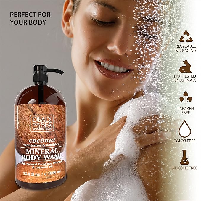 Dead Sea Collection Coconut Body Wash – Hydrating Shower Gel with Dead Sea Minerals & Coconut Oil – Scented Body Wash for Dry & Sensitive Skin – For Women & Men – 33.8 fl oz