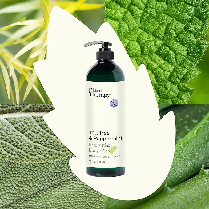 Plant Therapy Tea Tree and Peppermint Essential Oil Natural Body Wash with Pump 32 oz For all Skin Types, Sulfate Free Body Wash, For Men or Women