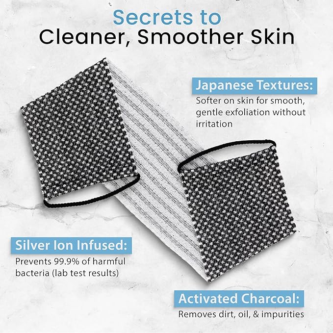 Japanese Exfoliating Washcloth for Back & Body 2-Pack - Charcoal & Silver Ion Exfoliating Towel with Handles - Two-Sided Gentle Exfoliation & Deep Cleanse Body Wash Cloths for Shower - 1 White, 1 Blue
