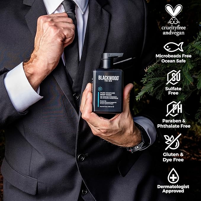 Blackwood For Men Pure Moisture Body Wash - Infused with Ginseng & Menthol - Natural Vegan Formula for Sensitive Skin and Workout Recovery - Sulfate Free, Paraben Free, & Cruelty Free (7 Oz)