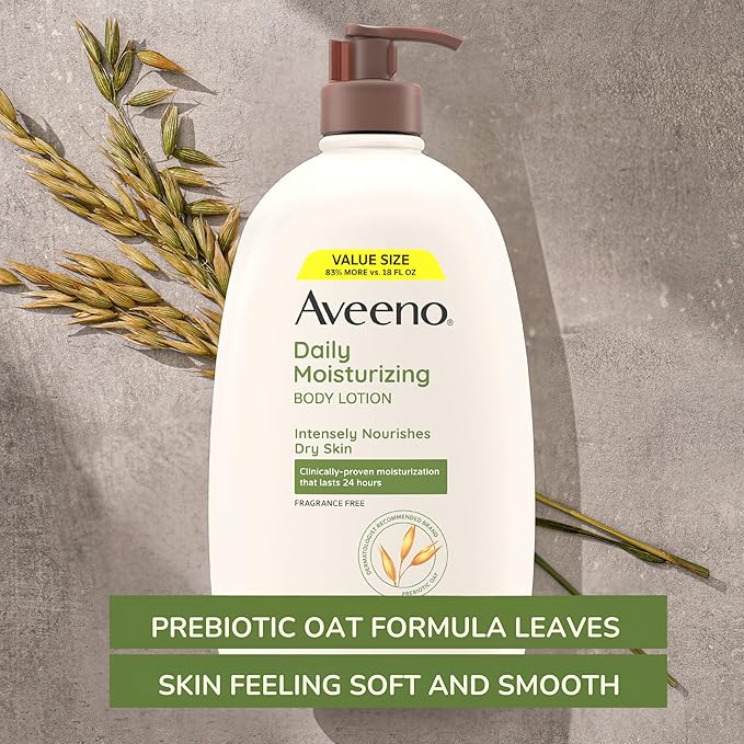Aveeno Daily Moisturizing Body Lotion with Soothing Prebiotic Oat, Gentle Lotion Nourishes Dry Skin, Paraben-, Dye- & Fragrance-Free, Non-Greasy & Non-Comedogenic, Value Size, 33 fl. oz