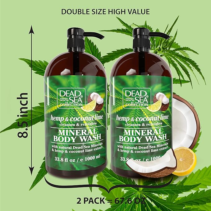 Dead Sea Collection Hemp Coconut Lime Body Wash for Women and Men – Hemp Oil, Coconut & Lime Extract – Moisturizing Shower Gel for Dry & Sensitive Skin – Pack of 2 (67.6 fl oz)