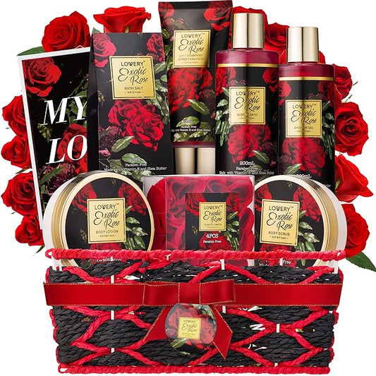 Anniversary Gifts for Women - Exotic Rose Gift Basket for Women, Spa Bath and Body Gift Set, Mom Gifts for Her, Birthday Gift with Body Scrub, Bubble Bath, Lotion & More