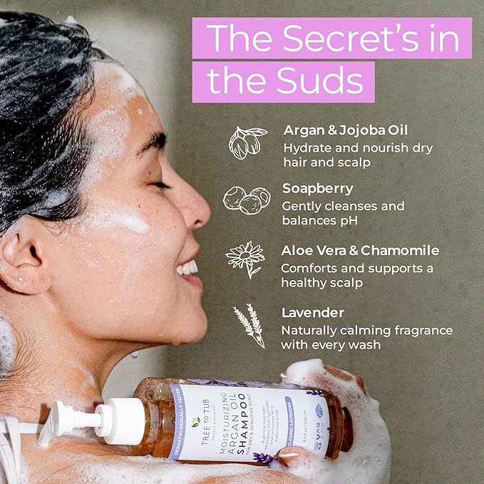 Tree to Tub Lavender Dry Hair Shampoo for Sensitive Scalp - Gentle Hydrating Dry Scalp Shampoo for Women & Men, Moisturizing Sulfate Free Shampoo w/Organic Argan Oil, Chamomile, All Natural Aloe Vera