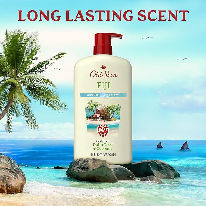 Old Spice Body Wash for Men, 24/7 Shower Fresh with Lasting Scent, Cleanse & Refresh, Gentle on Skin, Vitamin B3, Fiji with Palm Tree + Coconut Scent, 25 oz (Pack of 4)