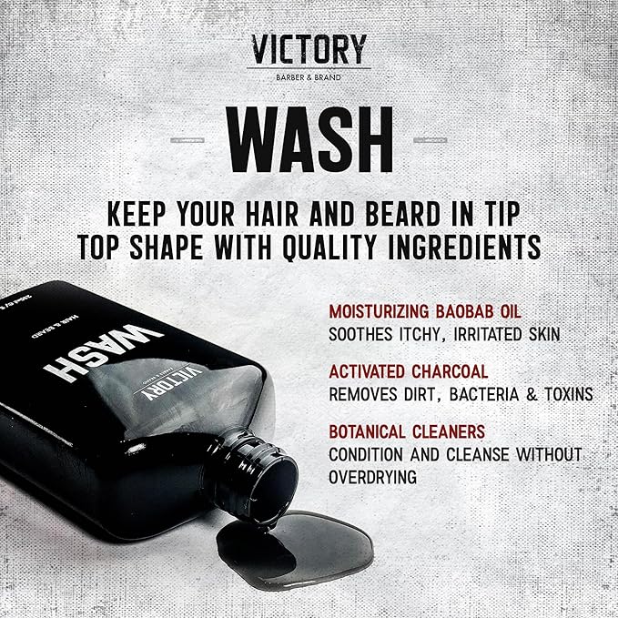 Victory Barber & Brand Beard Wash - Made in USA, Men's All-in-One Shampoo and Conditioner, Hydrating, Smoothening, Softening, 8.4 Fl Oz