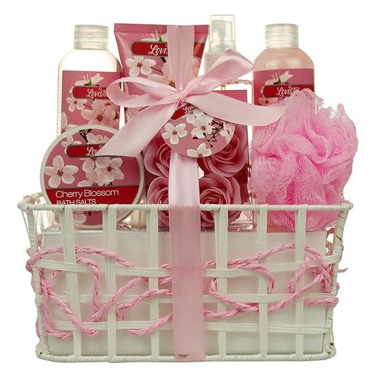 Spa Bath and Body - Spa Gift Baskets for Women & Girls, Cherry Fragrance, Spa Birthday Gift Includes Loofah Sponge, Bath Salt, Body Lotion, Soap Rose, Body Mist, Shower Gel Bubble Bath