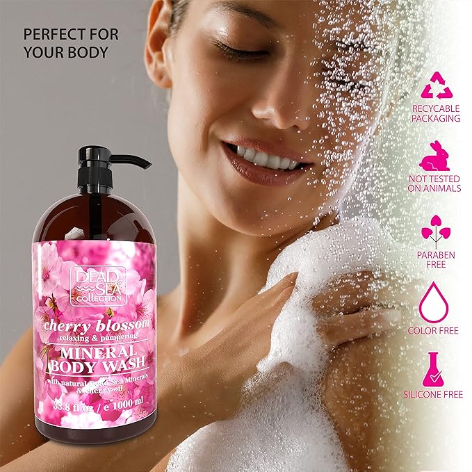 Dead Sea Collection Cherry Body Wash for Women and Men – Bitter Cherry Oil & Dead Sea Minerals – Moisturizing Shower Gel for Dry & Sensitive Skin – Pack of 2 (67.6 fl oz)