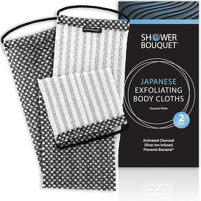 Japanese Exfoliating Washcloth for Back & Body 2-Pack - Charcoal & Silver Ion Exfoliating Towel with Handles - Two-Sided Gentle Exfoliation & Deep Cleanse Body Wash Cloths for Shower - 2 White