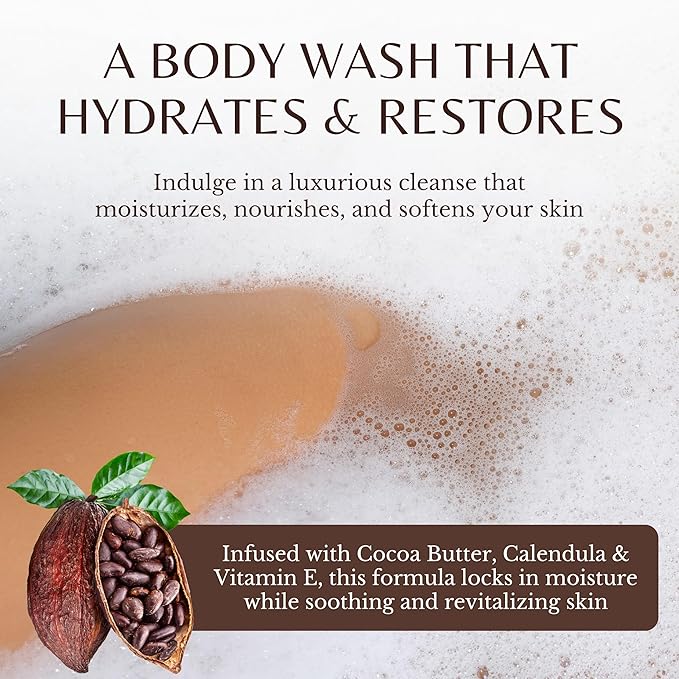 Cocoa Butter Body Wash, Cleanses, Hydrates & Nourishes, Deep Moisturizing Shower Gel for Dry and Sensitive Skin, Women & Men, Organic & Natural, 16 fl oz