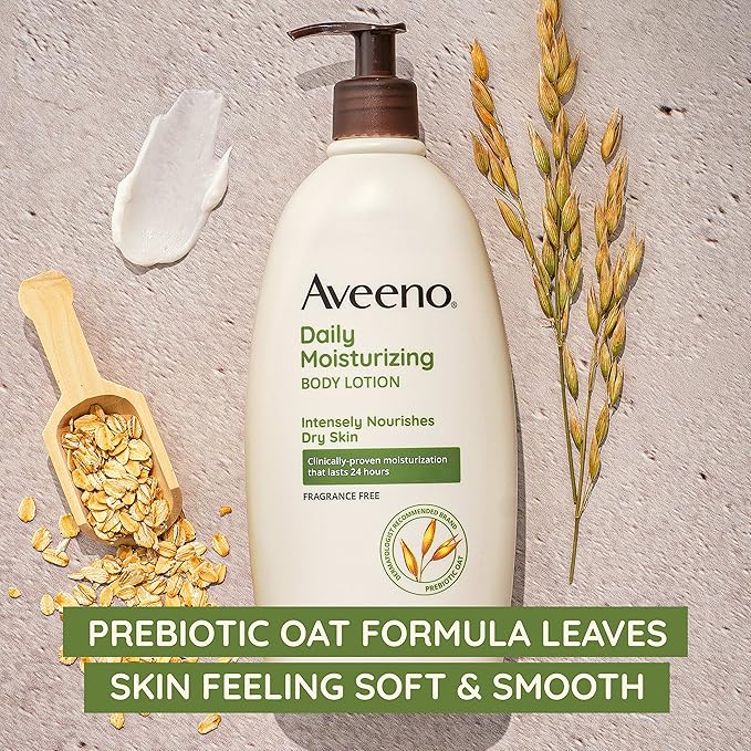Aveeno Daily Moisturizing Body Lotion for Dry, Sensitive Skin with Prebiotic Oat, 24-Hour Moisture, Fragrance-Free, Dye & Paraben-Free, Non-Greasy, Non-Comedogenic, 2 × 18 Fl Oz